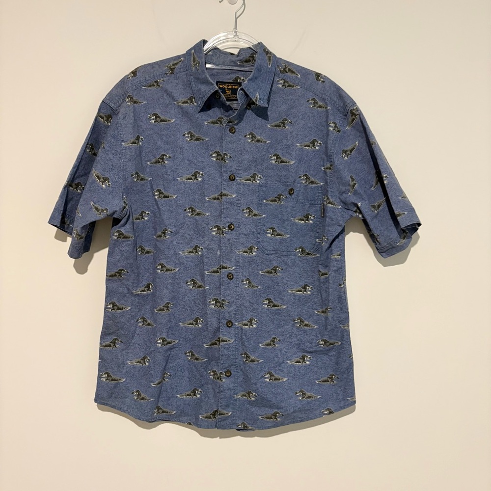Woolrich Short-Sleeve Button-Down‎ Shirt indigo dog print blue size men's medium